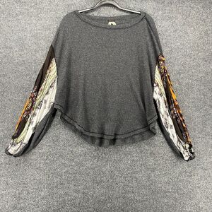 WE The FREE People Top Womens S Gray Thermal Patchwork Sleeve Crop Boho Hippie